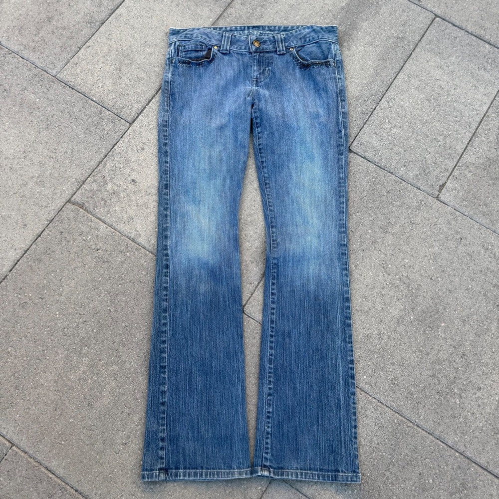 Guess Daredevil Bootcut Jeans Blue Studded Floral Embroidered Low Rise Size 30
